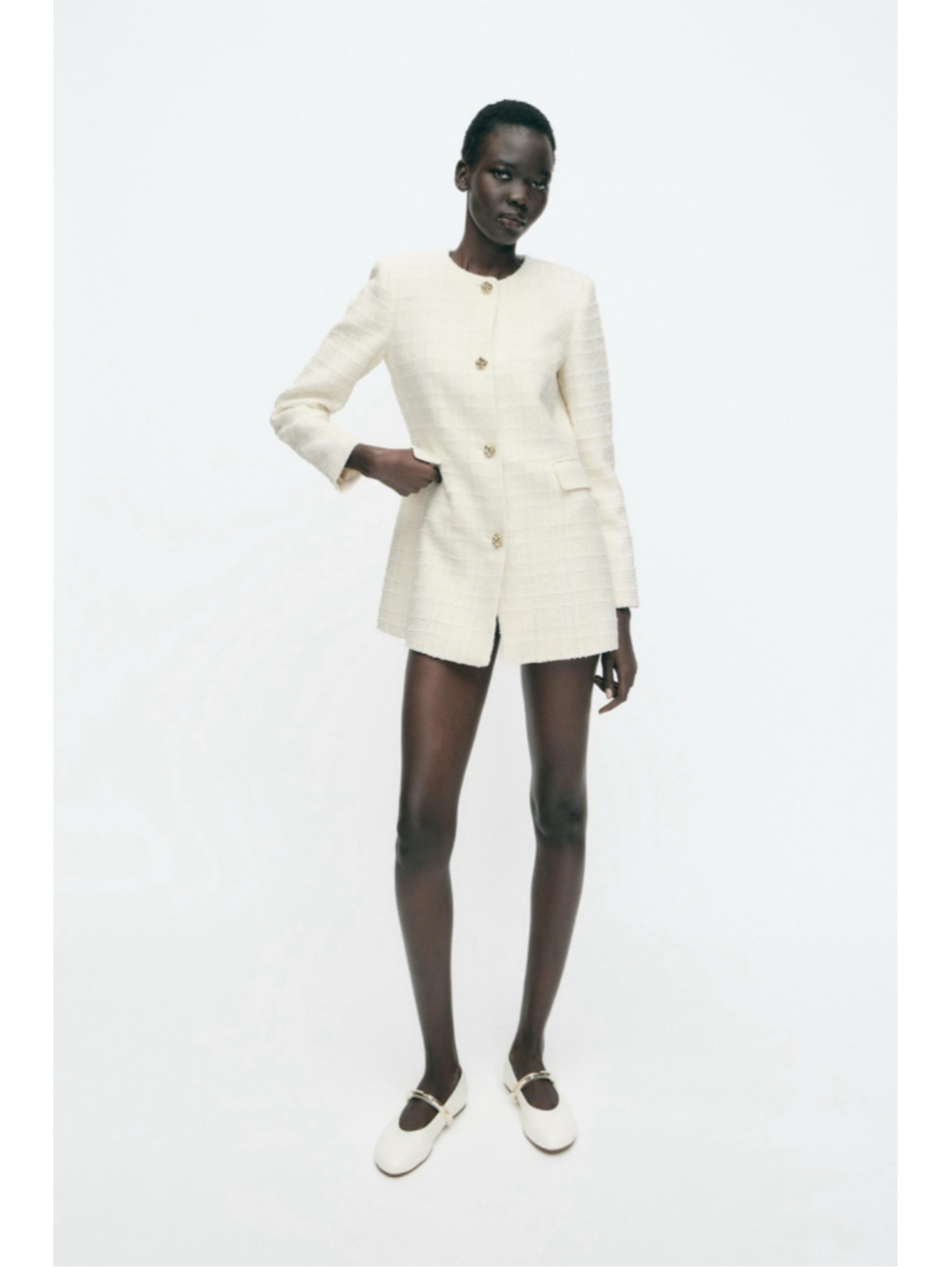 Zara Tweed Bouclé Blazer Jacket Ivory Cream Longline Gold Buttons Size S - Picture 4 of 12